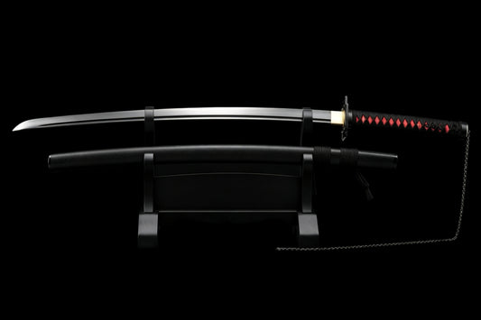 BLEACH Tensa Zangetsu Katana, Ichigo Kurosaki Replica Sword, Full Tang Forged 5160 Spring Steel Sharp Blade, All Black Samurai Sword with Solid Wood Scabbard for Collection Display