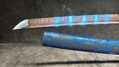 T10 (covered with soil, burned with fire, blade formed special pattern, quenched blue)katana