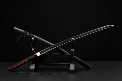 BLEACH Tensa Zangetsu Katana, Ichigo Kurosaki Replica Sword, Full Tang Forged 5160 Spring Steel Sharp Blade, All Black Samurai Sword with Solid Wood Scabbard for Collection Display