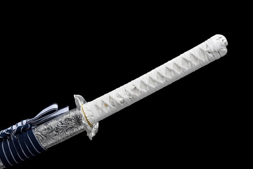 Qinghe Waming Katana, Full Tang Construction, High Manganese Steel Blade, Silver Alloy Lotus & Frog Fittings, Silver Artificial Leather Wrapped Solid Wood Scabbard, Collectible Decorative Sword