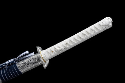 Qinghe Waming Katana, Full Tang Construction, High Manganese Steel Blade, Silver Alloy Lotus & Frog Fittings, Silver Artificial Leather Wrapped Solid Wood Scabbard, Collectible Decorative Sword