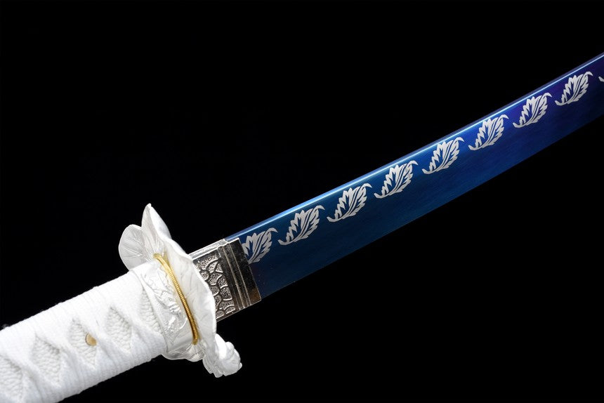 Qinghe Waming Katana, Full Tang Construction, High Manganese Steel Blade, Silver Alloy Lotus & Frog Fittings, Silver Artificial Leather Wrapped Solid Wood Scabbard, Collectible Decorative Sword