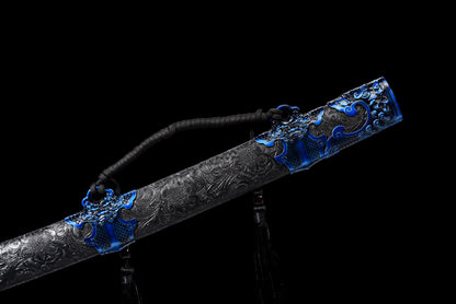 Integrated Full Tang Manganese Steel Forged Blue Surface Pattern Xiu Chun Dao, Metal Handle Solid Wood PU Scabbard Ming Jinyiwei Style Collectible Saber