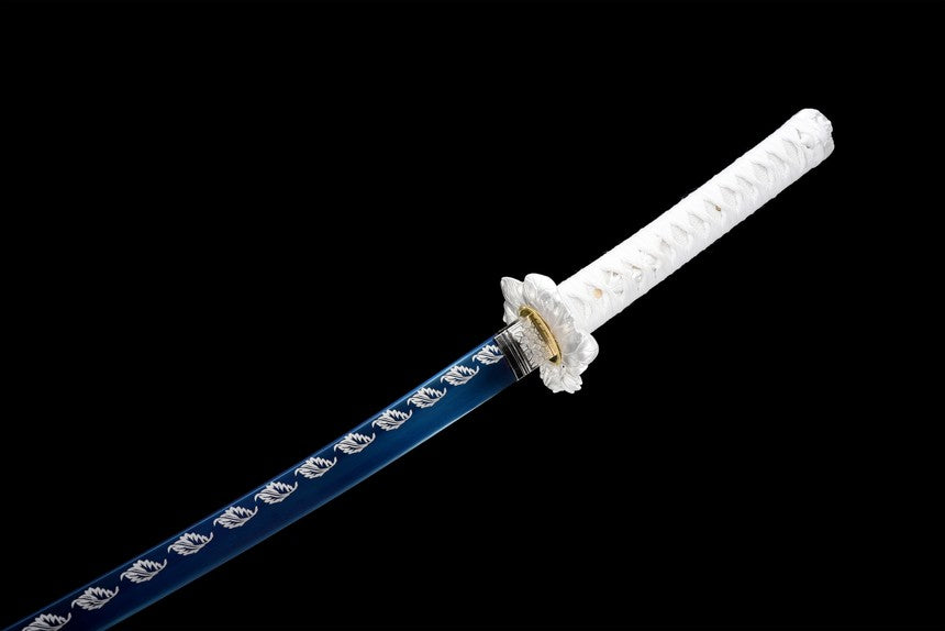Qinghe Waming Katana, Full Tang Construction, High Manganese Steel Blade, Silver Alloy Lotus & Frog Fittings, Silver Artificial Leather Wrapped Solid Wood Scabbard, Collectible Decorative Sword