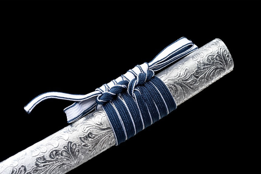 Qinghe Waming Katana, Full Tang Construction, High Manganese Steel Blade, Silver Alloy Lotus & Frog Fittings, Silver Artificial Leather Wrapped Solid Wood Scabbard, Collectible Decorative Sword