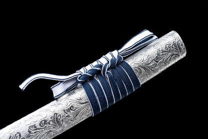 Qinghe Waming Katana, Full Tang Construction, High Manganese Steel Blade, Silver Alloy Lotus & Frog Fittings, Silver Artificial Leather Wrapped Solid Wood Scabbard, Collectible Decorative Sword