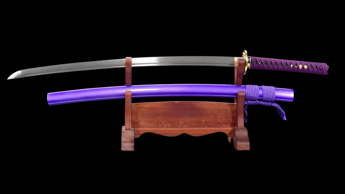 Purple Ginkgo Katana, Full Tang Construction, Forged Damascus Steel Blade, Sharp Edge, Lacquer Painted Solid Wood Scabbard, Collectible Decorative Japanese Sword