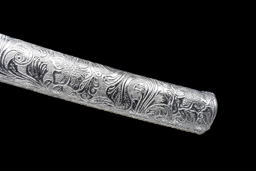 Qinghe Waming Katana, Full Tang Construction, High Manganese Steel Blade, Silver Alloy Lotus & Frog Fittings, Silver Artificial Leather Wrapped Solid Wood Scabbard, Collectible Decorative Sword