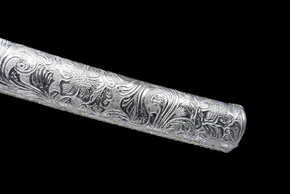 Qinghe Waming Katana, Full Tang Construction, High Manganese Steel Blade, Silver Alloy Lotus & Frog Fittings, Silver Artificial Leather Wrapped Solid Wood Scabbard, Collectible Decorative Sword