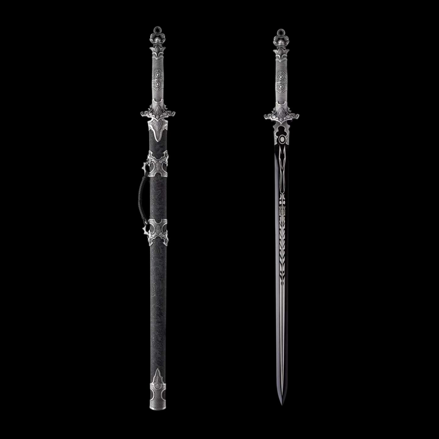 Xuan‑Lin Imperial Qilin Jian, Full Tang Construction, Sharp Blade, Forged High Manganese Steel, Alloy Fittings, One‑Piece Alloy Handle, Solid Wood Artificial Leather Wrapped Scabbard, Historical Collectible Chinese Sword