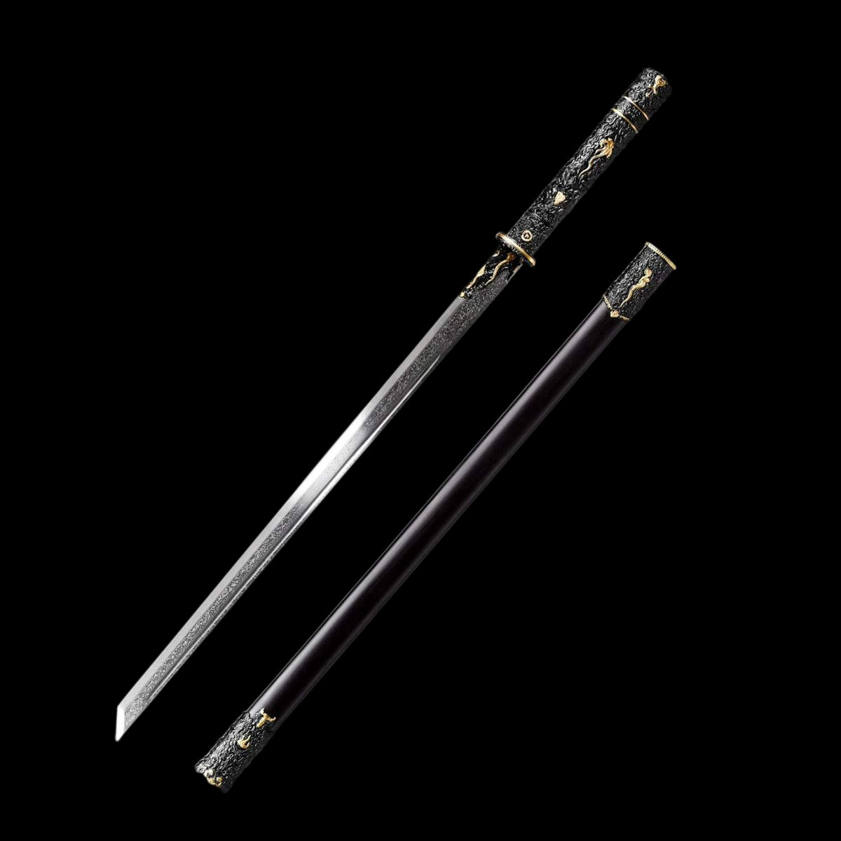 Darknight Tang Heng Dao, Full Tang Construction, Sharp Blade, Forged Damascus Steel, Alloy Cloud‑Beast Carved Fittings, Premium Dragon‑Phoenix Hardwood Scabbard, Historical Collectible Chinese Sword