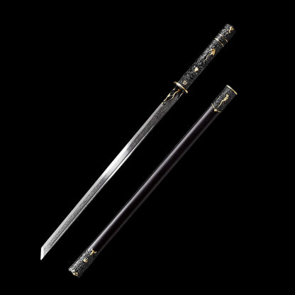 Darknight Tang Heng Dao, Full Tang Construction, Sharp Blade, Forged Damascus Steel, Alloy Cloud‑Beast Carved Fittings, Premium Dragon‑Phoenix Hardwood Scabbard, Historical Collectible Chinese Sword