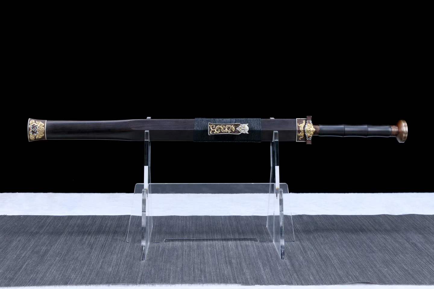 Token Sword, Full Tang, Hand Forged Damascus Steel Chinese Jian, Sharp Blade, Copper Gilt‑Silver Fittings, Ebony Wood Handle & Scabbard, Historical Collectible Sword