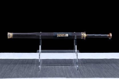 Token Sword, Full Tang, Hand Forged Damascus Steel Chinese Jian, Sharp Blade, Copper Gilt‑Silver Fittings, Ebony Wood Handle & Scabbard, Historical Collectible Sword