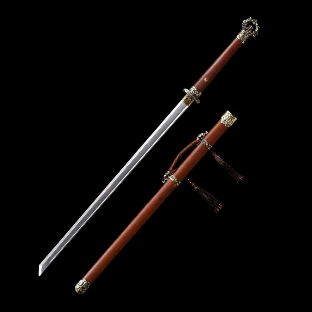 Ring-Pommel Tang Dao, Full Tang Construction, Sharp Blade, Forged High Manganese Steel, Alloy Fittings, Premium Dragon-Phoenix Hardwood Handle & Scabbard, Historical Chinese Collectible Sword