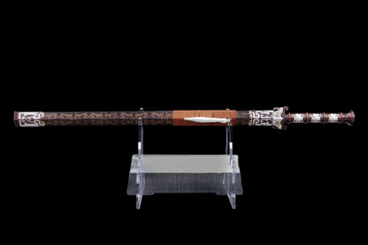 Taotie Ancient Han Jian, Full Tang, Sharp Blade, Hand‑Forged Damascus Steel Blade, Gilt‑Silver Solid Copper Handle & Fittings, Hand‑Carved Copper Scabbard, Ornate Taotie‑Beast Hardware, Collectible Chinese Sword