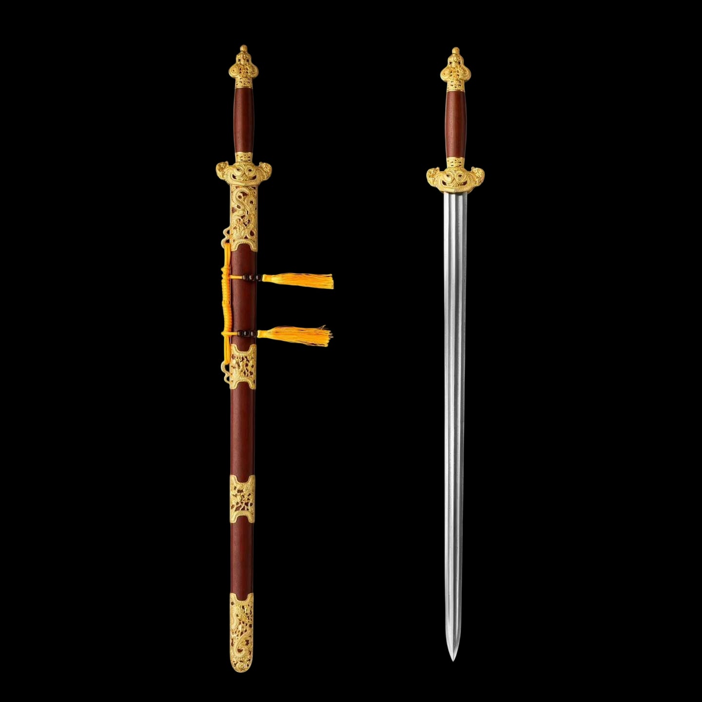 Nine‑Dragon Sword, Full Tang Hand Forged Damascus Steel Chinese Jian, Sharp Blade, Dual Fullers, Alloy Fittings With Gold‑Toned Open‑Work Dragon Ornaments, Dragon‑Phoenix Sandalwood Handle & Scabbard, Historical Collectible Sword