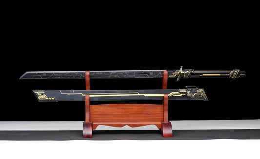 Golden Circuit Cyberpunk Tang Dao, Full Tang Forged Steel Straight Sword, Futuristic Sci-Fi Golden Circuit Etching with Aluminum Alloy Scabbard for Cosplay Display Collection