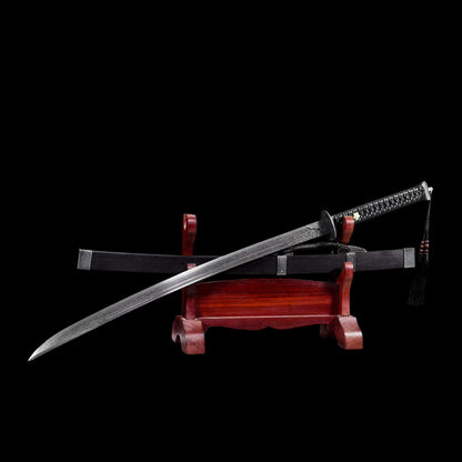 Zhen‑Yuan Ming Official Dao, Full Tang Construction, Sharp Blade, Forged Damascus Steel, Dual Fuller, Dragon‑Phoenix Hardwood Cord‑Wrapped Handle And Scabbard, Historical Replica Collectible Sword