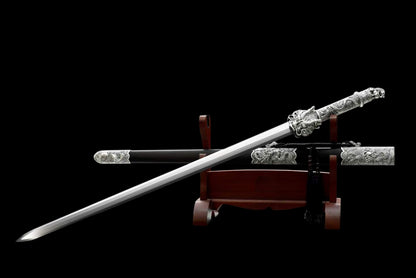 Cang‑Lan Dragon Sovereign Jian, Full Tang Construction, Sharp Blade, High Manganese Steel Octahedral Blade, Alloy Dragon‑Wave Fittings, Premium Ebony Wood Scabbard, Historical Collectible Chinese Sword