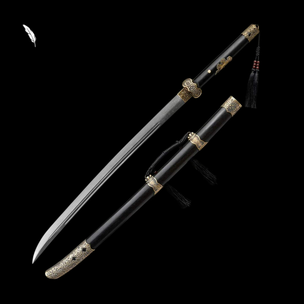 Full Tang Black Ding Baiying Chinese Sword, Forged Damascus Steel Sharp Blade, Brass Engraved Fittings, Dark Dragon Phoenix Sandalwood Scabbard, Wuxia Collectible Sword
