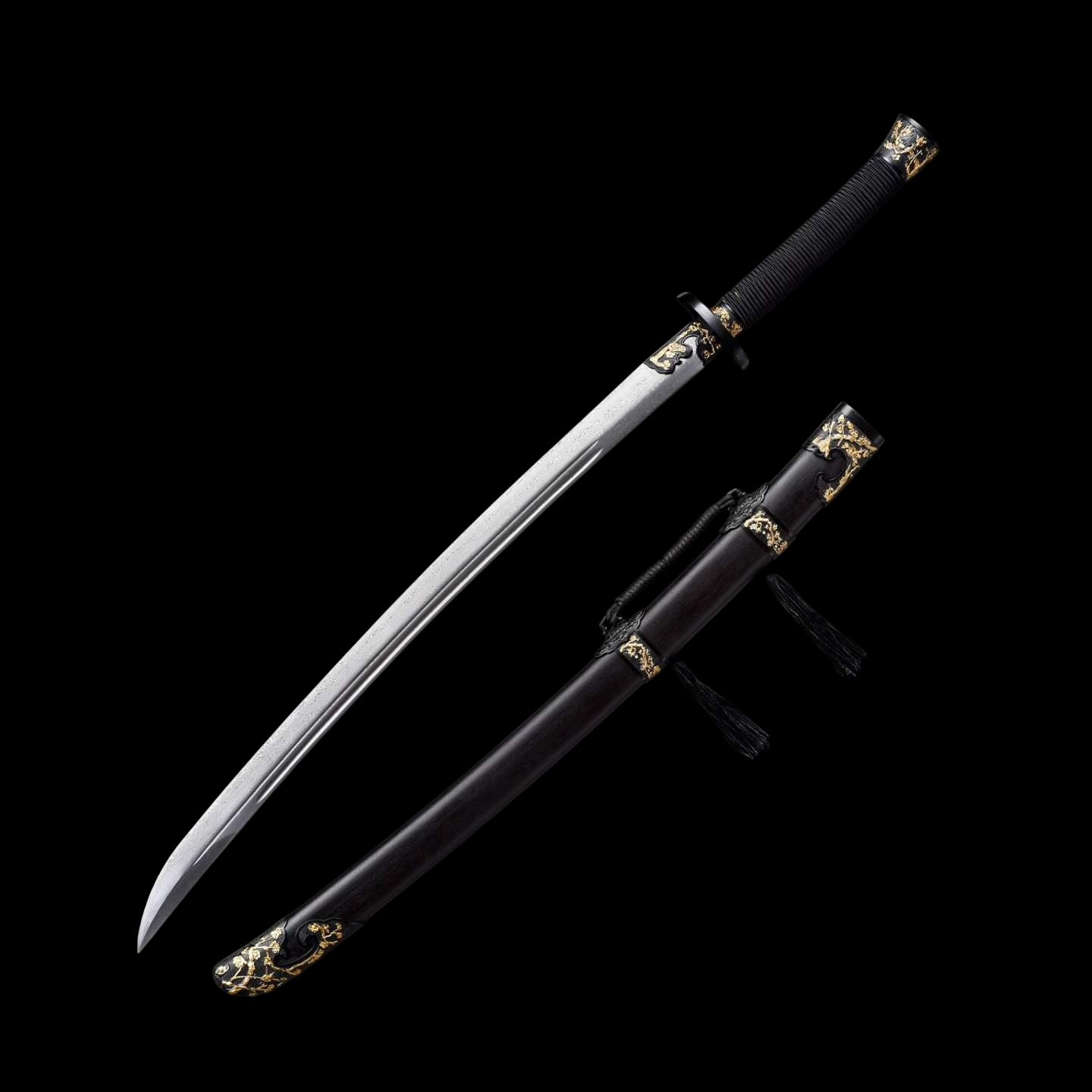 Han‑Mei‑Jin Spring‑Autumn Dao, Full Tang Construction, Sharp Blade, Damascus Steel Forged, Plum‑Blossom Alloy Fittings, Cord‑Wrapped Wood Handle, Premium Dragon‑Phoenix Hardwood Scabbard, Historical Replica Collectible Sword