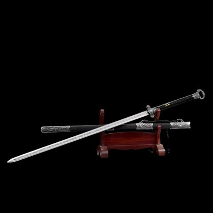 Cold‑Ruins Ring‑Pommel Two‑Handed Chinese Sword, Full Tang, Sharp Blade, High‑Manganese Steel, Alloy Fittings, Wood Handle Wrapped With Leather, Wood Artificial Leather Scabbard Collectible Sword
