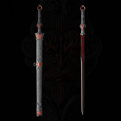 Full Tang Return of The Great Sage Sword Replica Inspired by Black Myth, High‑Manganese Steel Blade, One‑Piece Alloy Handle, Wood Artificial Leather Scabbard Collectible Sword
