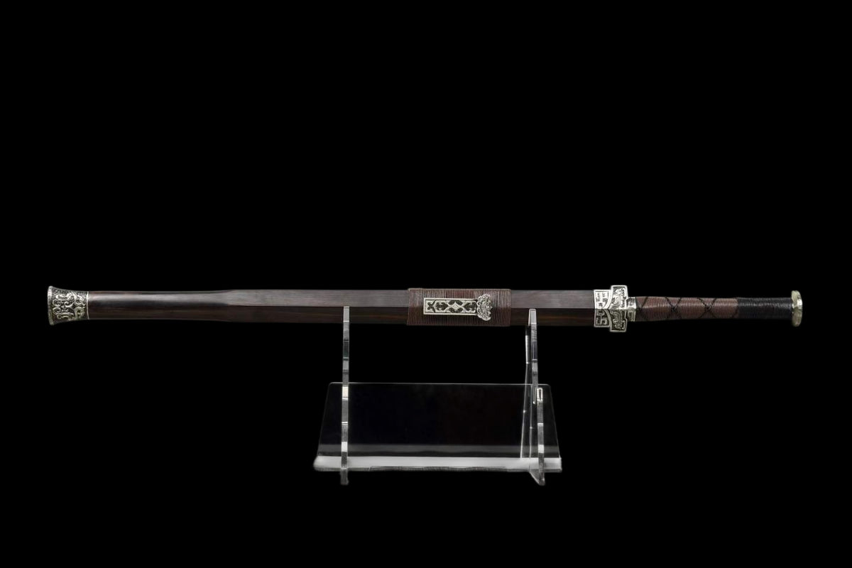 Xuan‑Lan Han Jian, Full Tang Construction, Sharp Blade, Hand‑Forged Stone‑Textured Damascus Steel, Hand‑Carved White‑Copper Fittings, Precious Ebony Wood Scabbard, Historical Collectible Chinese Sword