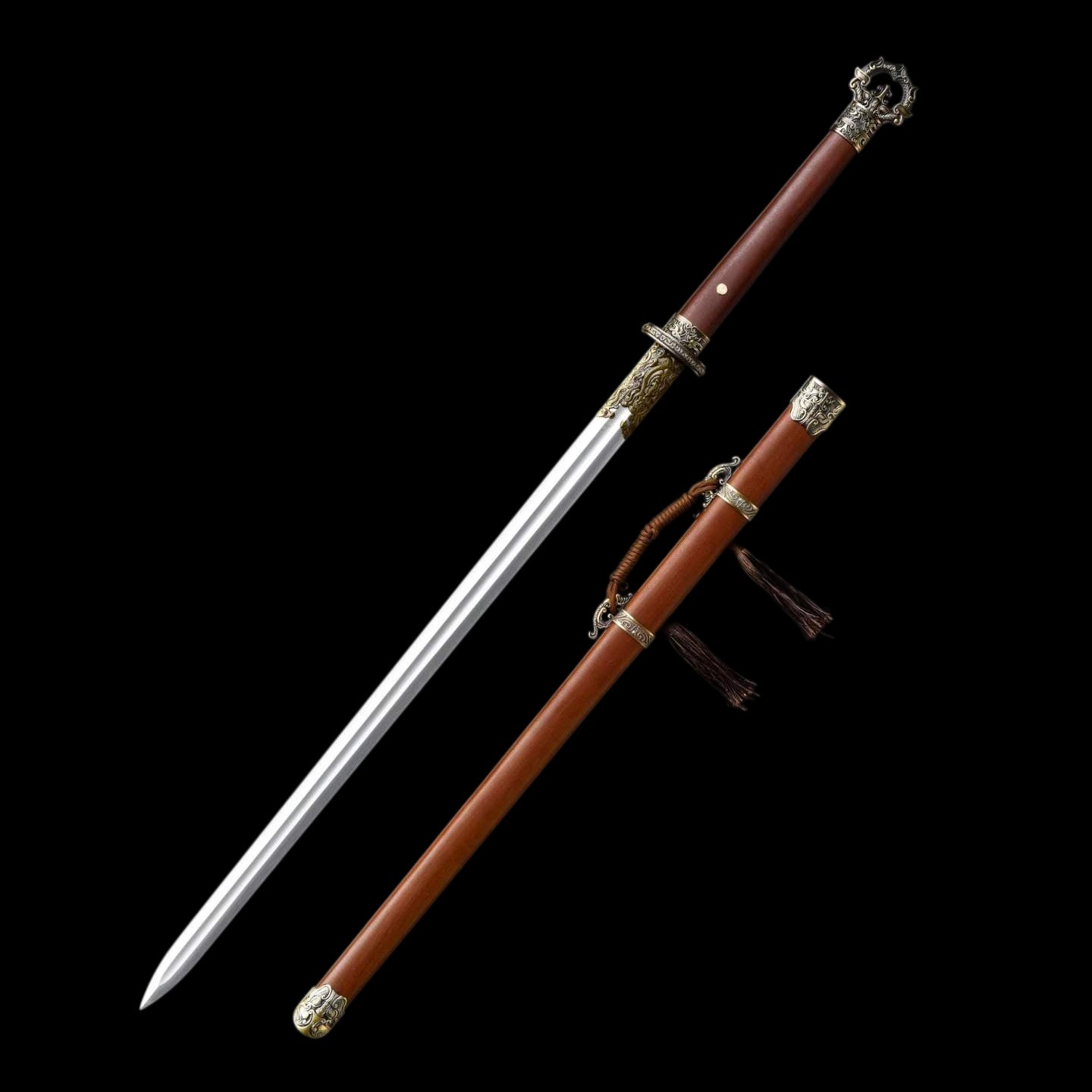 Lock‑Moon Ring‑Pommel Sword, Full Tang Construction, Sharp Blade, High‑Manganese Steel Forged Blade, Premium Dragon‑Phoenix Hardwood Handle And Scabbard, Historical Replica Collectible Sword