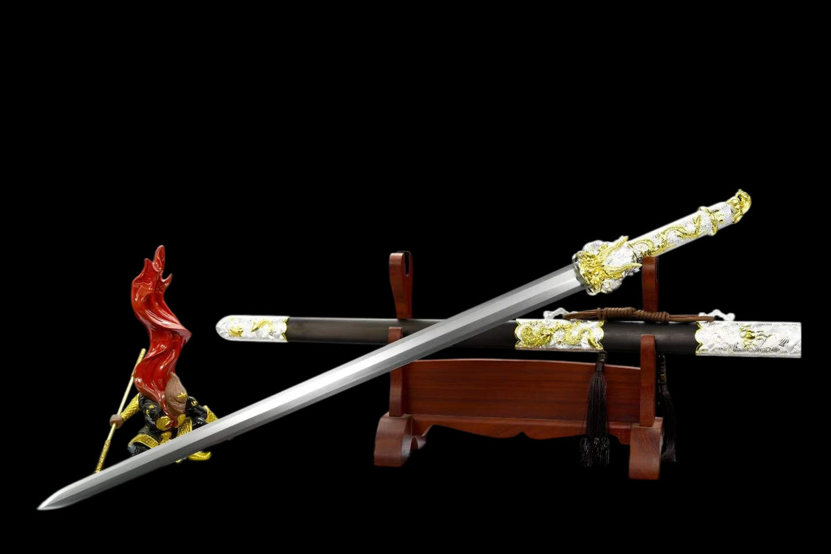 Golden Dragon Koi Chinese Jian, Full Tang Construction, High Manganese Steel Blade, Sharp Edge, Alloy Fittings, Premium Ebony Scabbard, Collectible Decorative Chinese Sword