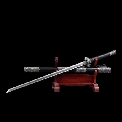 Jin‑Shuang Tang Dao, Full Tang Construction, Sharp Blade, High‑Manganese Steel Blade, Zinc‑Alloy Peony Engraved Fittings, Premium Ebony Wood Handle And Scabbard, Historical Replica Collectible Sword