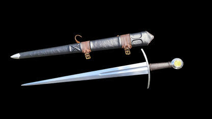 Full Tang Henry’s Short Arming Sword Replica, Sharp Blade, 60Si2CrVA Spring Steel Mirror‑Polished Blade, 304 Stainless Steel Curved Crossguard, Wood & Genuine Cowhide Scabbard, Kingdom Come Deliverance Medieval Historical Collectible Sword