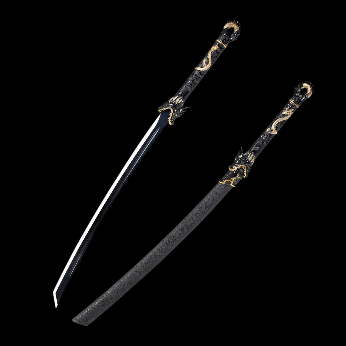 Black Dragon Battle Dao, Full Tang Construction, High Manganese Steel Blade, Alloy Fittings, Artificial Leather Wrapped Solid Wood Scabbard, Collectible Decorative Chinese Sword