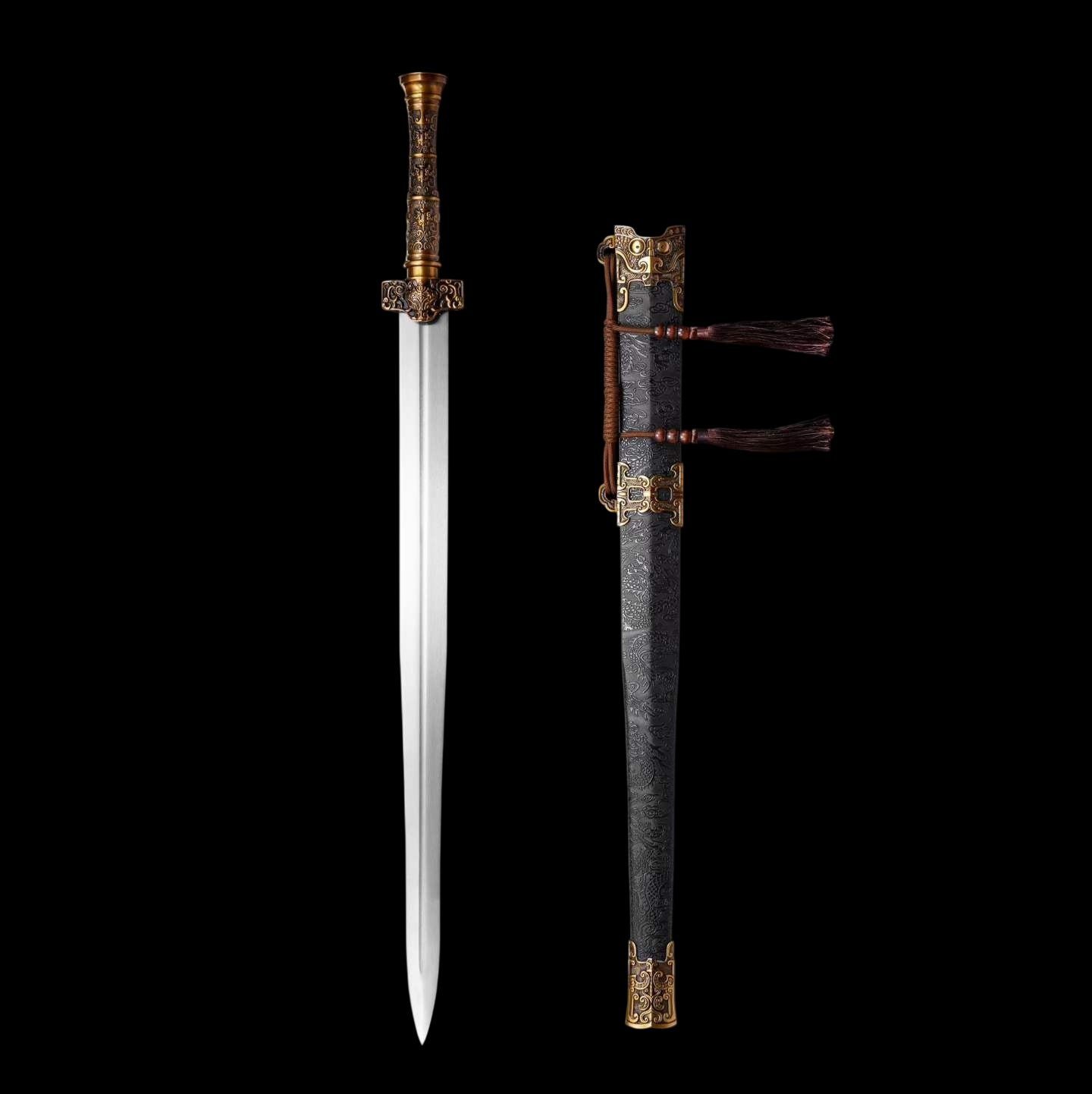 Full Tang Ancient Chu Sword Replica, Sharp Cutting Edge, High‑Manganese Steel Blade, Alloy Fittings, Wood Artificial Leather Scabbard Historical Collectible Sword