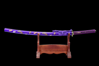 Purple Ginkgo Katana, Full Tang Construction, Forged Damascus Steel Blade, Sharp Edge, Lacquer Painted Solid Wood Scabbard, Collectible Decorative Japanese Sword