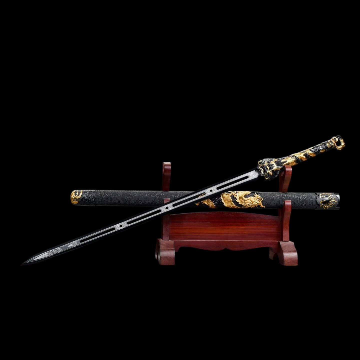 Cang‑Lan Dragon Sky Sword, High‑Manganese Steel Hollow Groove Blade, Full Tang Metal Hilt, Wood Artificial Leather Scabbard Collectible Chinese Sword