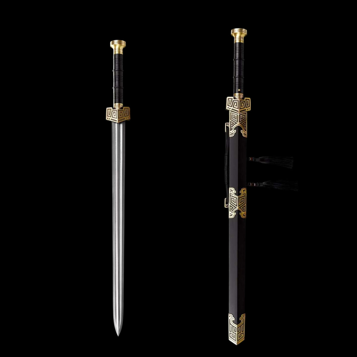 King Qin Jian, Full Tang Construction, Hand-Forged Damascus Steel Blade, Sharp Edge, Hand Polished, Brass Fittings, Premium Dragon Phoenix Hardwood Scabbard & Handle, Collectible Chinese Han Sword