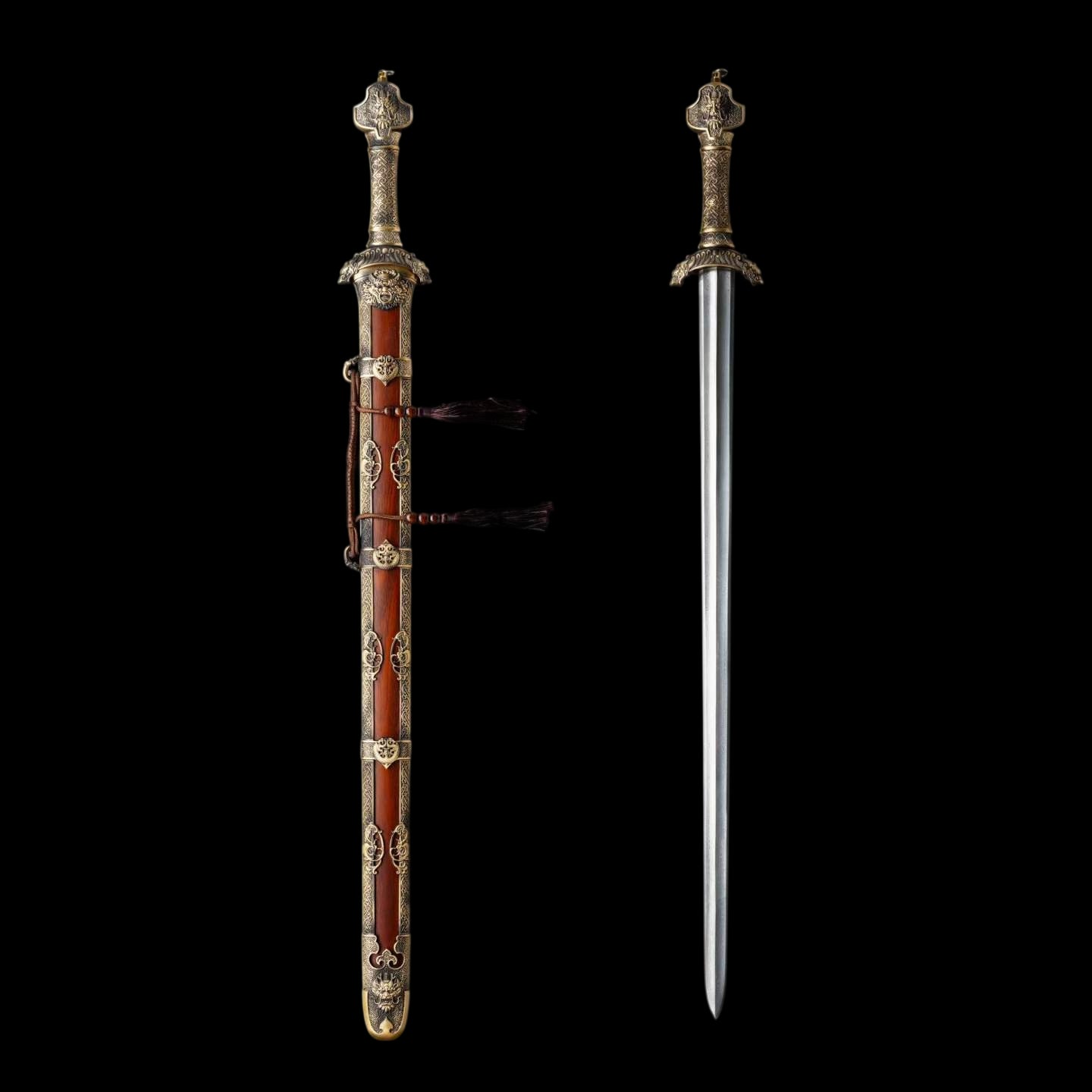 Yu‑Chen Coiled Dragon Jian, Full Tang Construction, Sharp Blade, Hand‑Forged Damascus Steel, Antique‑Finished Solid Copper Fittings, One‑Piece Copper Handle, Dragon‑Phoenix Hardwood Scabbard Wrapped With Full Copper, Historical Collectible Chinese Sword