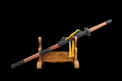 Dragon Pattern Tang Dao, Full Tang Construction, Sharp Blade, Hand-Forged Damascus Steel Blade, Zinc Alloy Fittings With Synthetic Gemstones, Old Sourwood Scabbard, Collectible Historical Chinese Sword