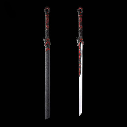 Full Tang Dragon Themed Straight Sword Replica, Sharp Cutting Edge, High‑Manganese Steel Blade, One‑Piece Alloy Handle, Wood Artificial Leather Scabbard Historical Collectible Sword