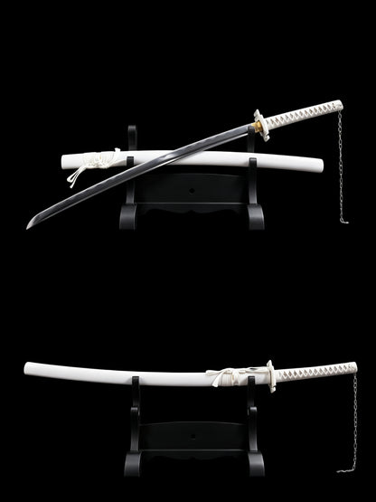 BLEACH Tensa Zangetsu Katana, Ichigo Kurosaki Replica Sword Black & White Version, Full Tang Forged 5160 Spring Steel Sharp Blade, Samurai Sword with Solid Wood Scabbard for Collection Display