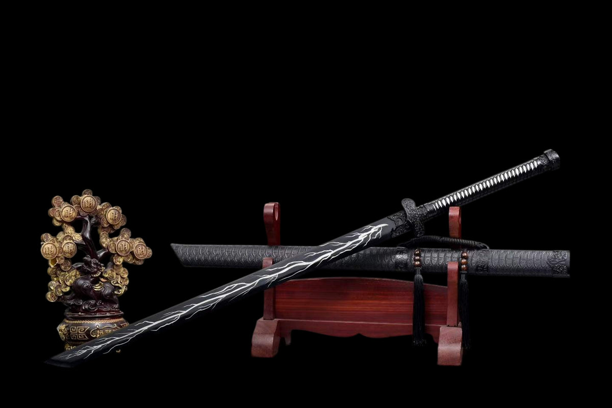 Thunder Tribulation Blade, Full Tang Construction, Forged High Manganese Steel, Sharp Edge, Alloy Fittings, Cord Wrapped Solid Wood Handle, Artificial Leather Wrapped Solid Wood Scabbard, Collectible Decorative Sword