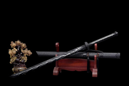 Thunder Tribulation Blade, Full Tang Construction, Forged High Manganese Steel, Sharp Edge, Alloy Fittings, Cord Wrapped Solid Wood Handle, Artificial Leather Wrapped Solid Wood Scabbard, Collectible Decorative Sword