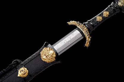Golden Lion Chinese Jian, Full Tang Construction, Sharp Blade, Hand-Forged Damascus Steel Blade, Alloy Gold-Plated Fittings, Wooden Scabbard Wrapped With Artificial Leather, Collectible Historical Chinese Sword