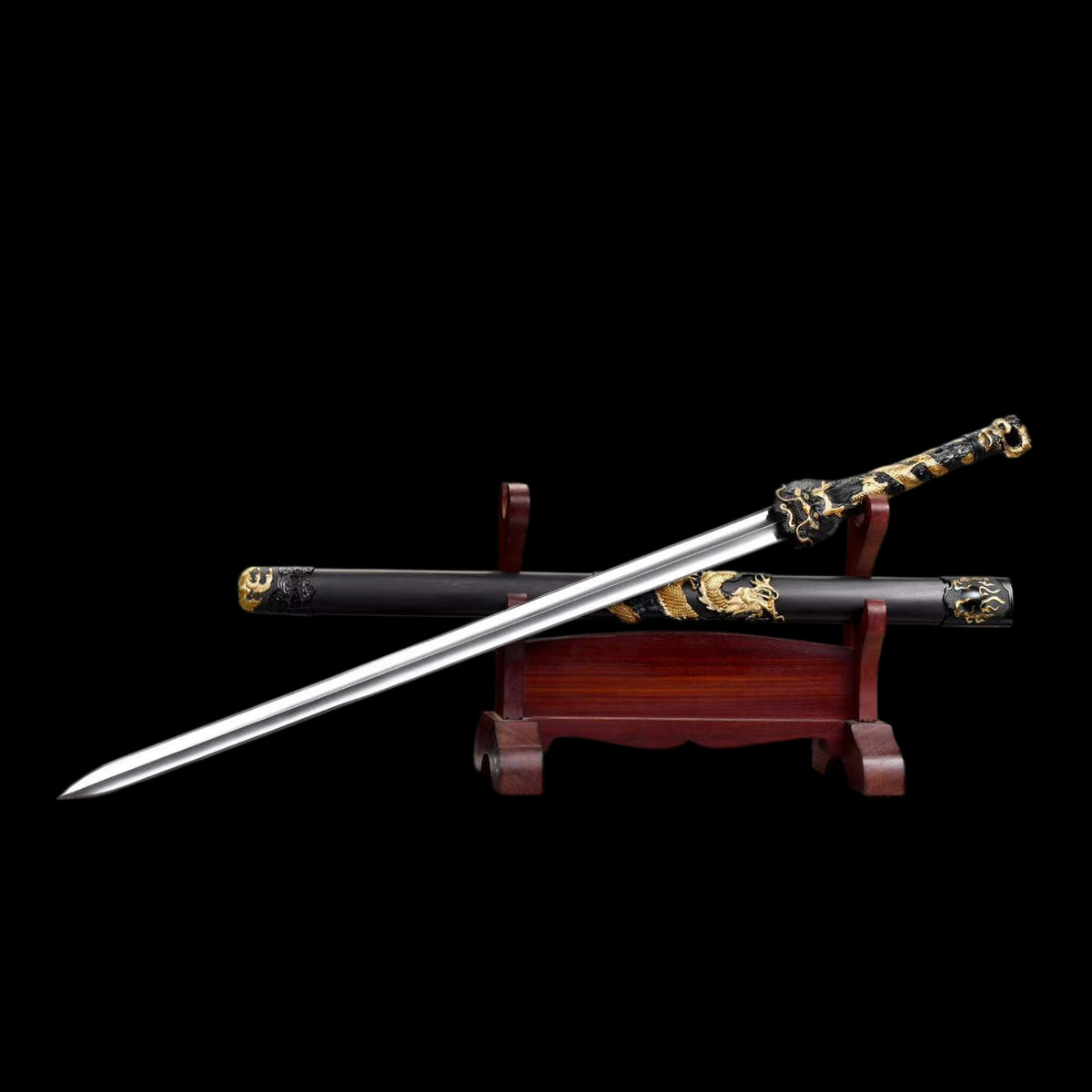 Dragon Theme Chinese Sword, High Manganese Steel Forged, Full Tang, Sharp Blade, Mirror Polished Convex Blade, Ebony Scabbard Collectible Decorative Sword