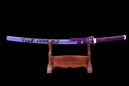 Purple Shadow Katana, Full Tang Construction, Forged Damascus Steel Blade, Sharp Edge, Lacquer Painted Solid Wood Scabbard, Collectible Decorative Japanese Sword