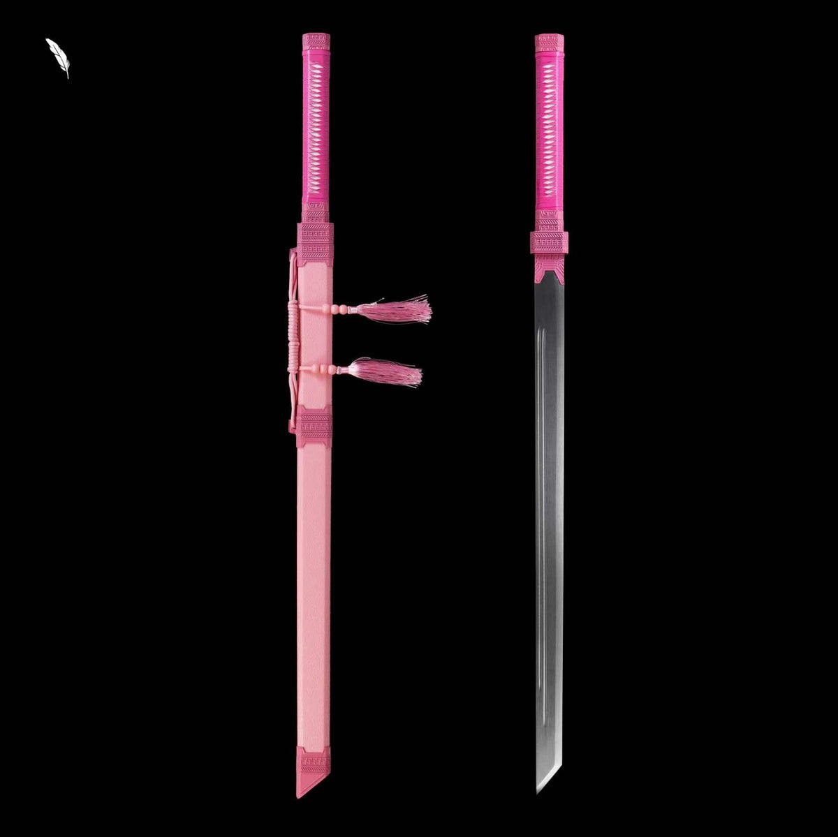Pink Sakura Dawn Tang Dao, Full Tang, Forged High Manganese Steel, Sharp Edge, Alloy Fittings, Cord‑Wrapped Solid Wood Handle, Artificial Leather Wrapped Solid Wood Scabbard, Decorative Collectible Sword