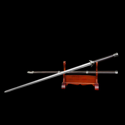 Plain‑Fitted White Copper Ingot Two‑Handed Chinese Jian, Full Tang Construction, Sharp Blade, Hand Forged Damascus Steel Blade, Premium Ebony Wood Handle And Scabbard, Historical Replica Collectible Sword
