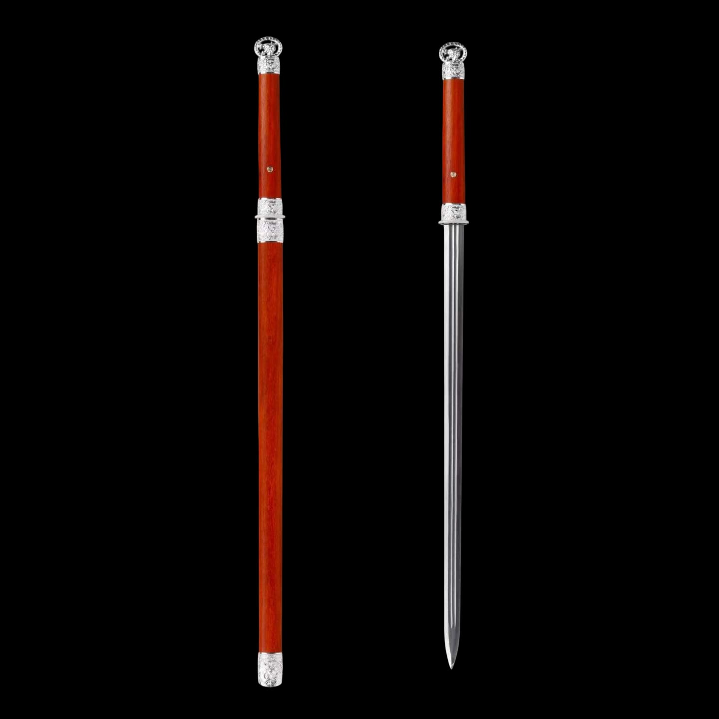Cang‑Lin Ring‑Pommel Sword, Full Tang Construction, High‑Manganese Steel Forged Sharp Blade, Zinc Alloy Fittings, Premium Red Wood Handle And Scabbard, Collectible Display Sword